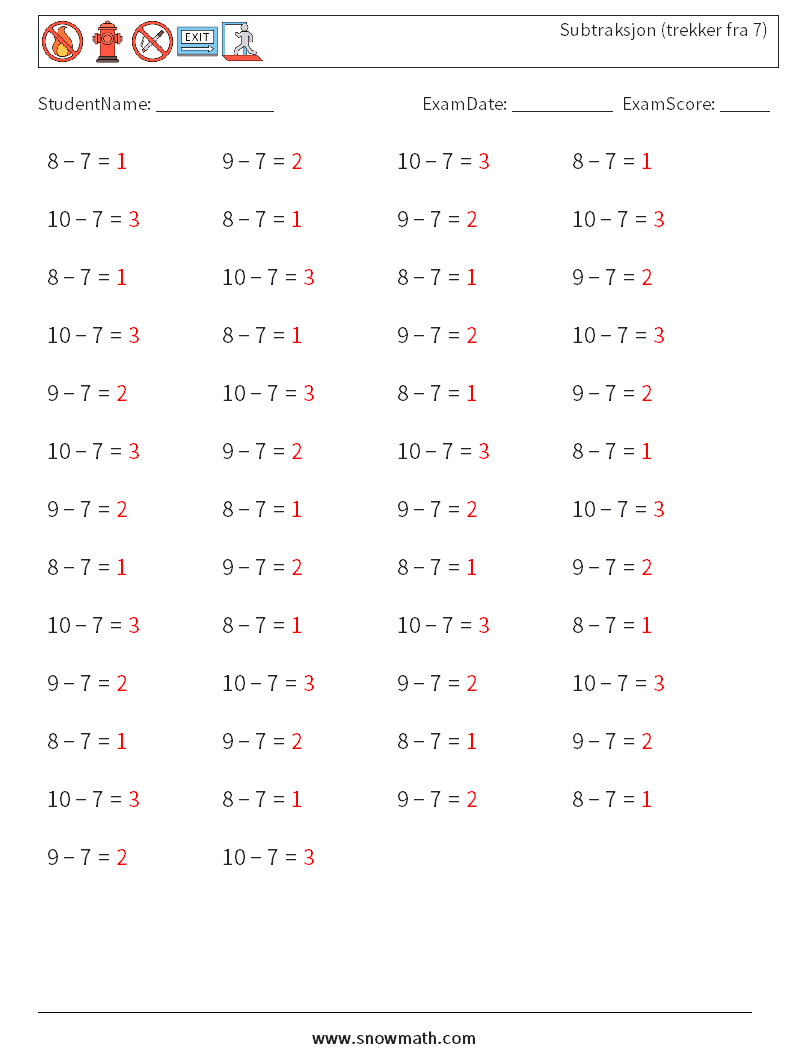 (50) Subtraksjon (trekker fra 7) MathWorksheets 8 QuestionAnswer