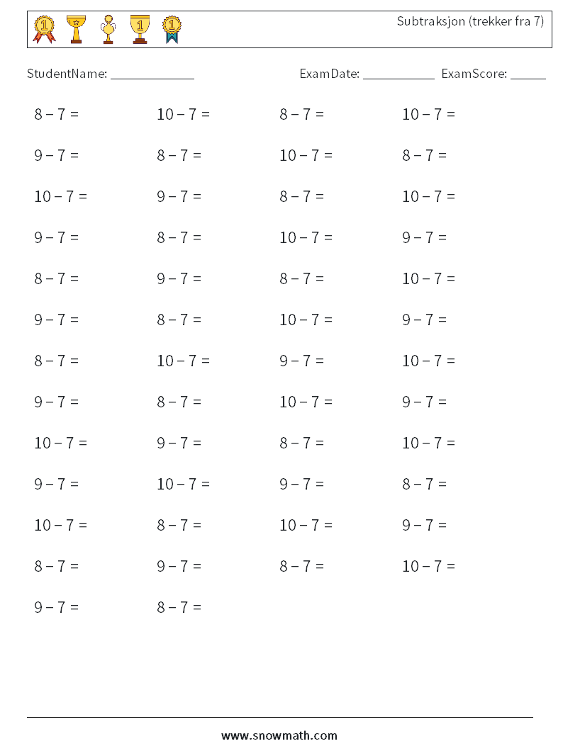 (50) Subtraksjon (trekker fra 7) MathWorksheets 9