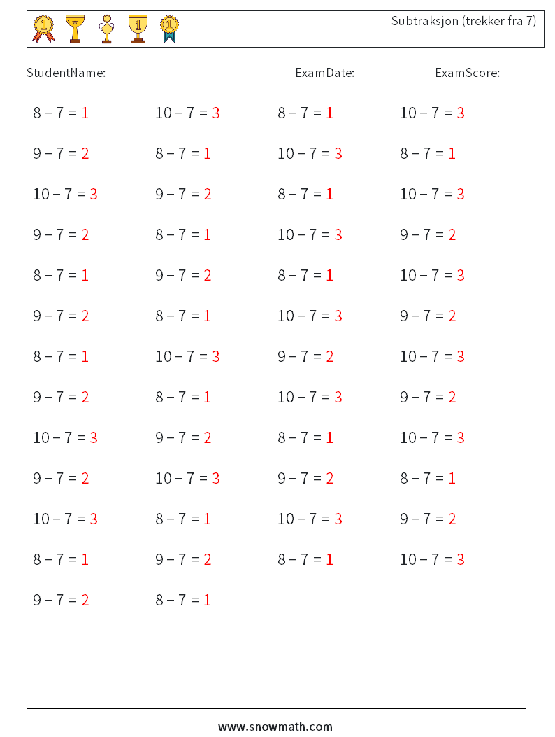 (50) Subtraksjon (trekker fra 7) MathWorksheets 9 QuestionAnswer