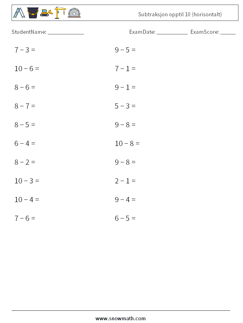 (20) Subtraksjon opptil 10 (horisontalt) MathWorksheets 1