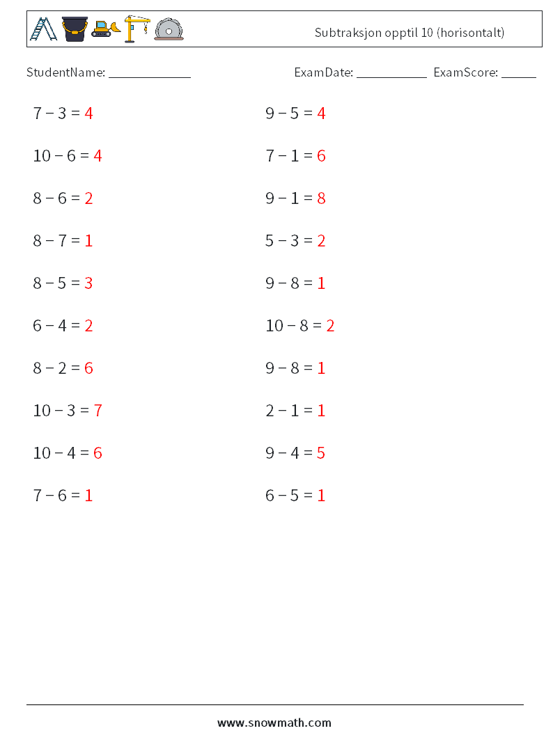 (20) Subtraksjon opptil 10 (horisontalt) MathWorksheets 1 QuestionAnswer