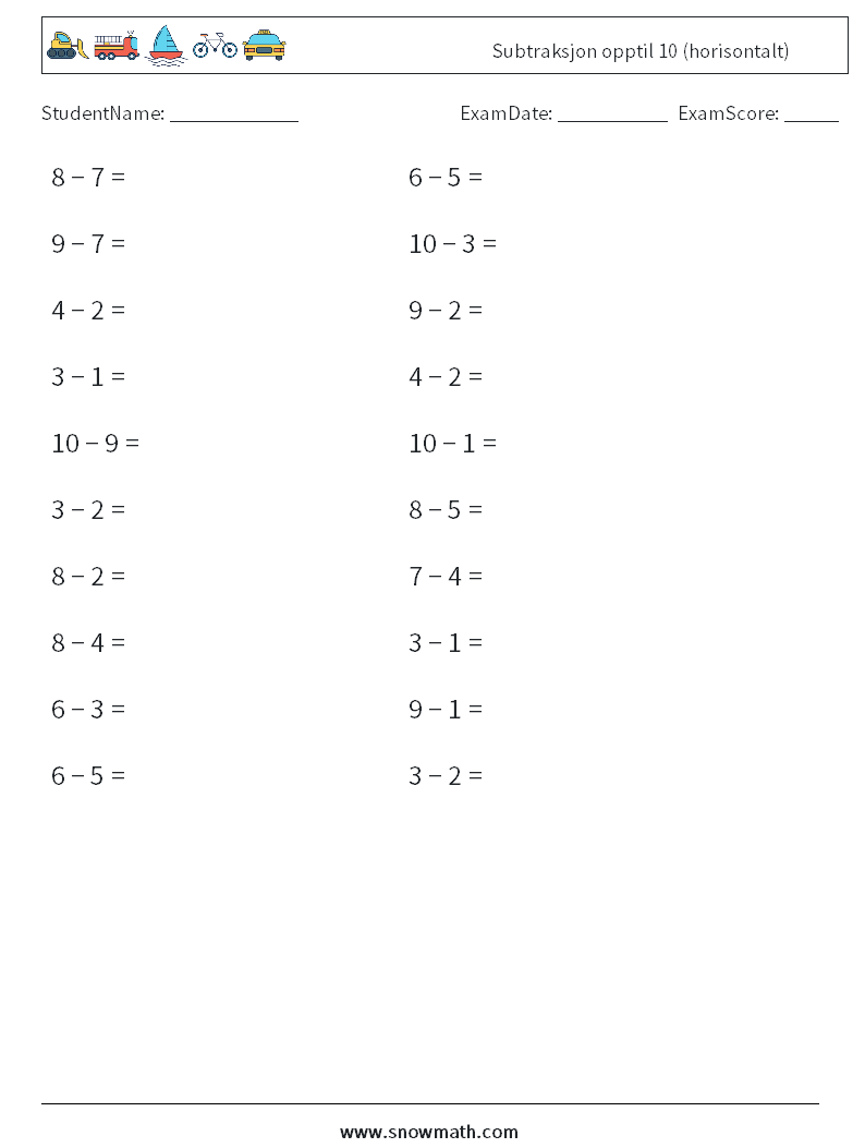 (20) Subtraksjon opptil 10 (horisontalt) MathWorksheets 3