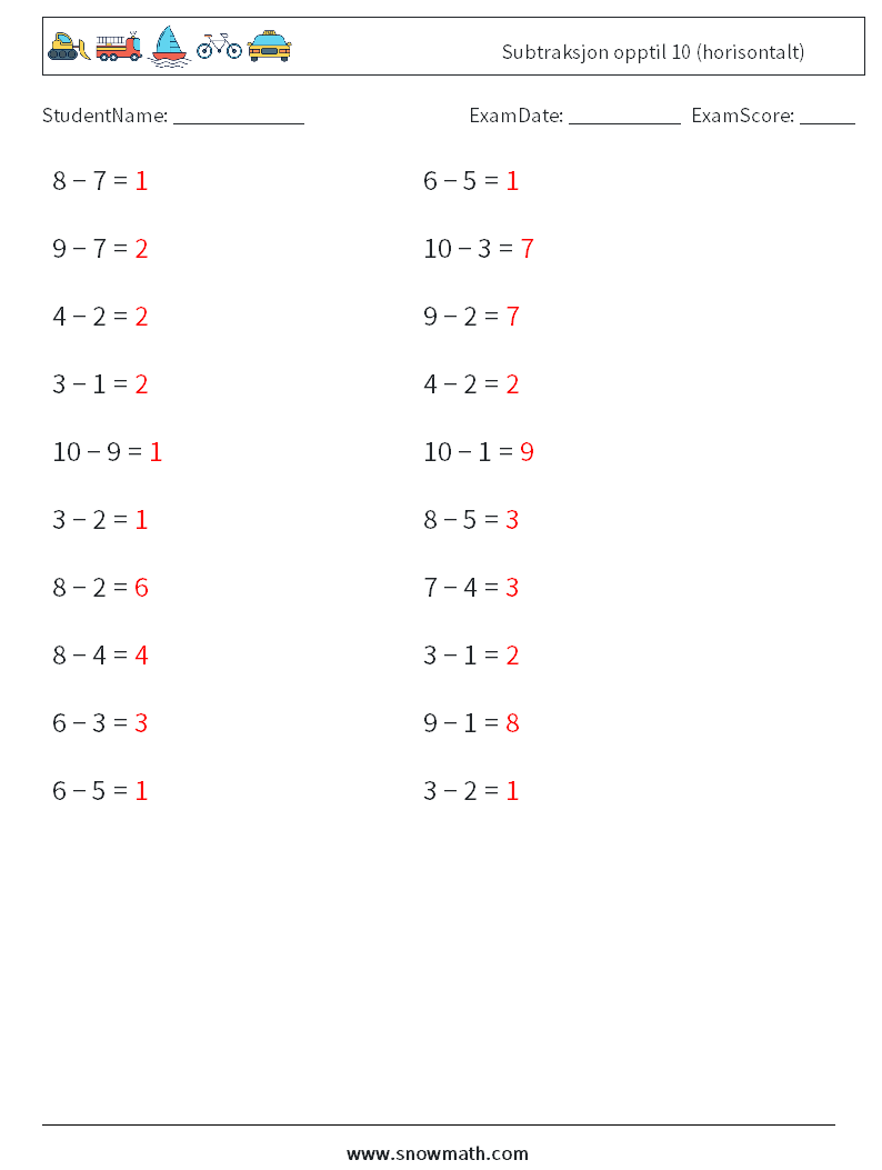 (20) Subtraksjon opptil 10 (horisontalt) MathWorksheets 3 QuestionAnswer