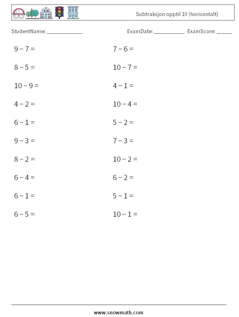 (20) Subtraksjon opptil 10 (horisontalt) MathWorksheets 4