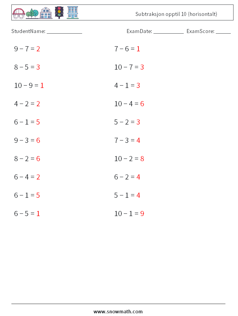 (20) Subtraksjon opptil 10 (horisontalt) MathWorksheets 4 QuestionAnswer