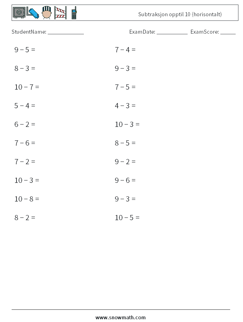 (20) Subtraksjon opptil 10 (horisontalt) MathWorksheets 5