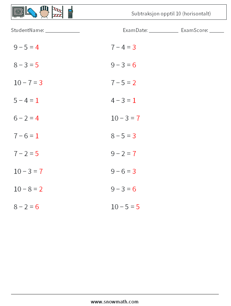(20) Subtraksjon opptil 10 (horisontalt) MathWorksheets 5 QuestionAnswer
