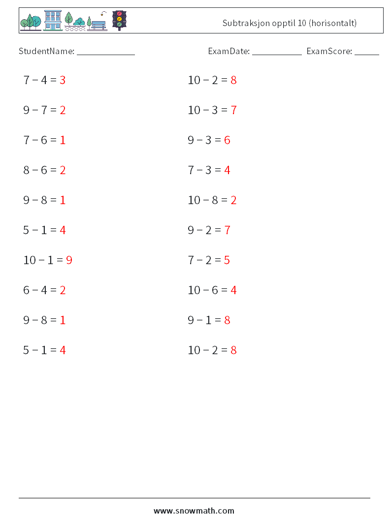 (20) Subtraksjon opptil 10 (horisontalt) MathWorksheets 6 QuestionAnswer