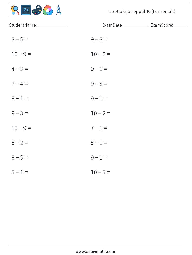(20) Subtraksjon opptil 10 (horisontalt) MathWorksheets 7