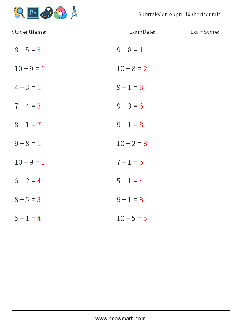 (20) Subtraksjon opptil 10 (horisontalt) MathWorksheets 7 QuestionAnswer