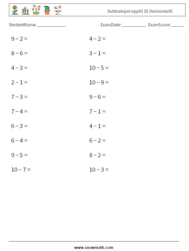 (20) Subtraksjon opptil 10 (horisontalt) MathWorksheets 8