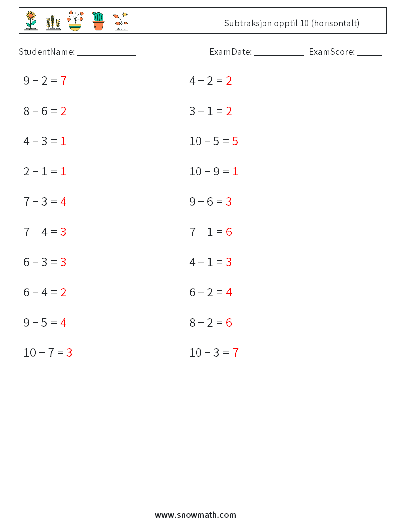(20) Subtraksjon opptil 10 (horisontalt) MathWorksheets 8 QuestionAnswer