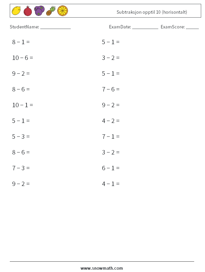 (20) Subtraksjon opptil 10 (horisontalt) MathWorksheets 9