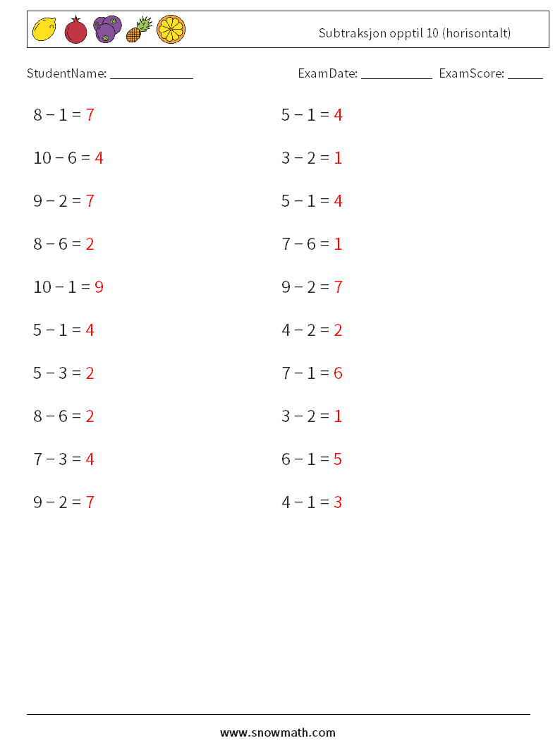 (20) Subtraksjon opptil 10 (horisontalt) MathWorksheets 9 QuestionAnswer