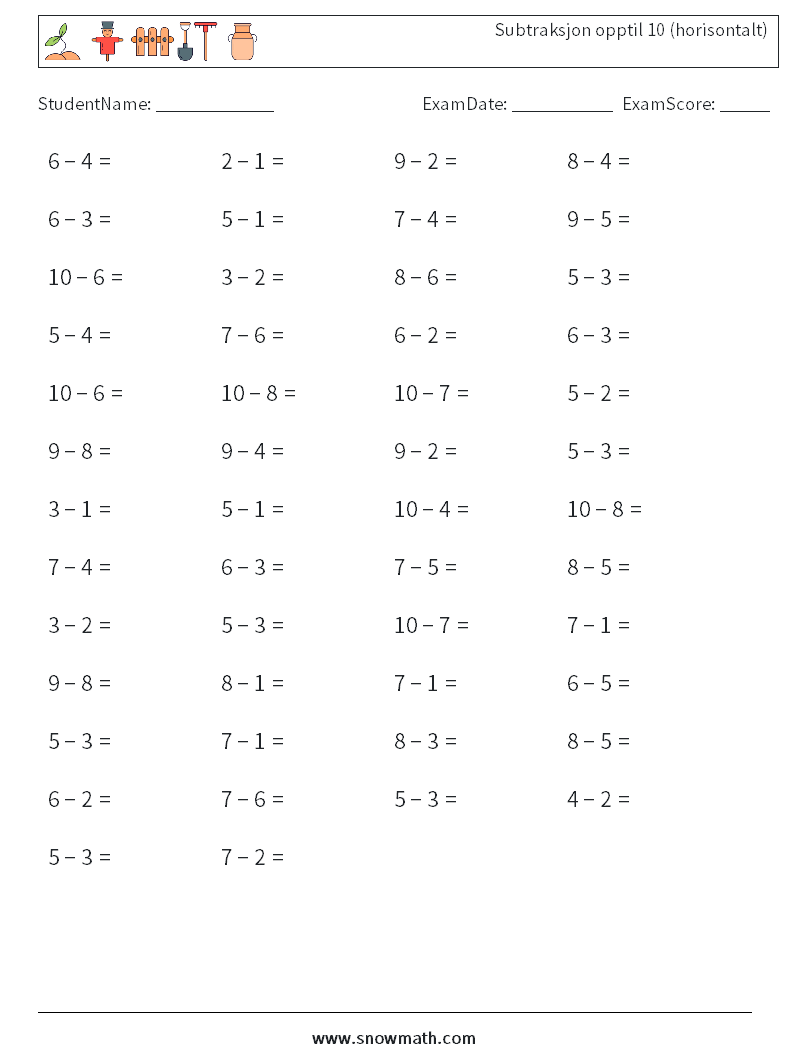 (50) Subtraksjon opptil 10 (horisontalt) MathWorksheets 1