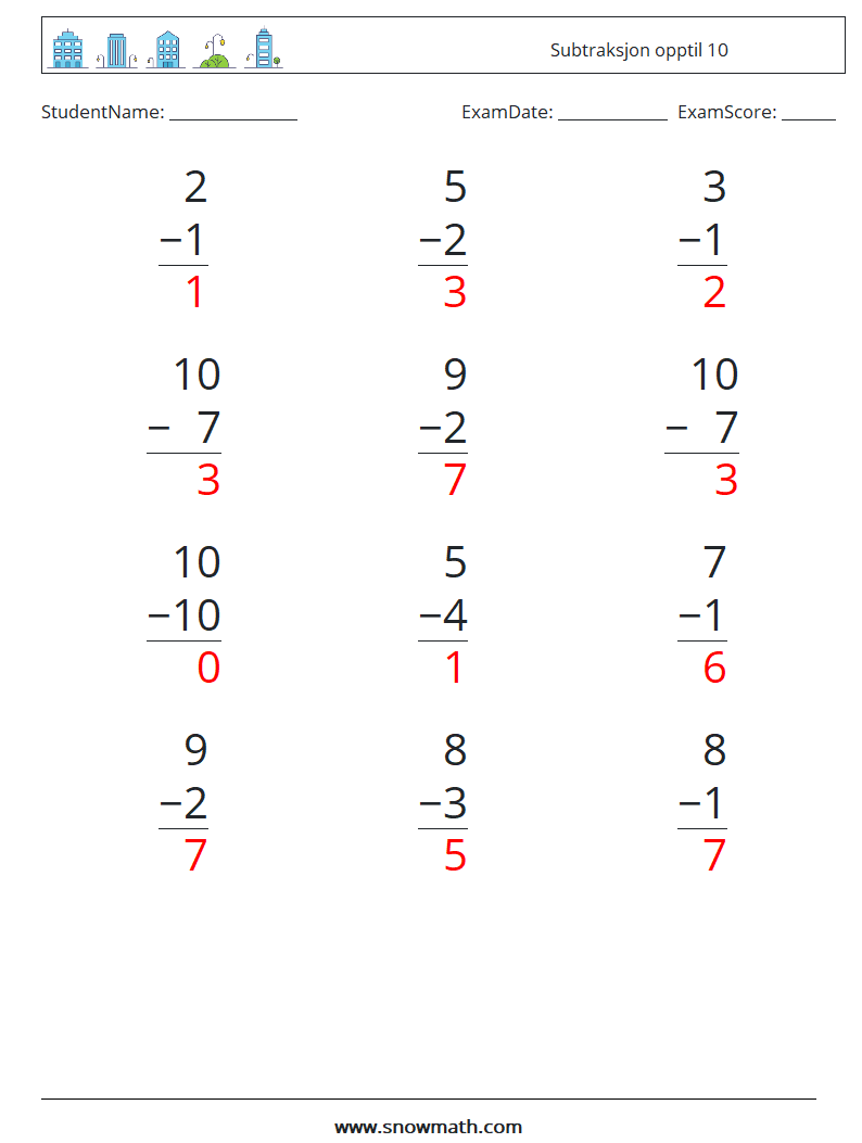 (12) Subtraksjon opptil 10 MathWorksheets 1 QuestionAnswer