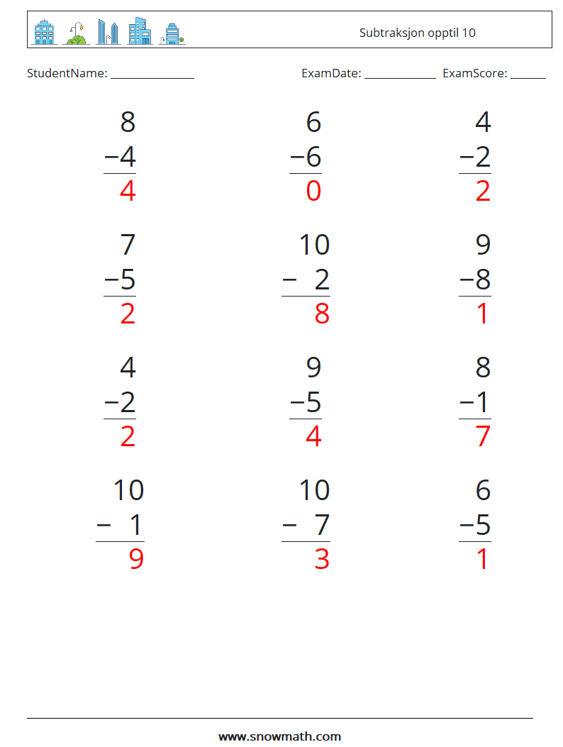 (12) Subtraksjon opptil 10 MathWorksheets 3 QuestionAnswer