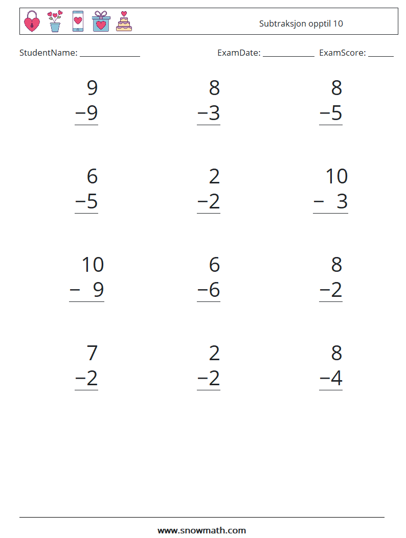 (12) Subtraksjon opptil 10 MathWorksheets 5
