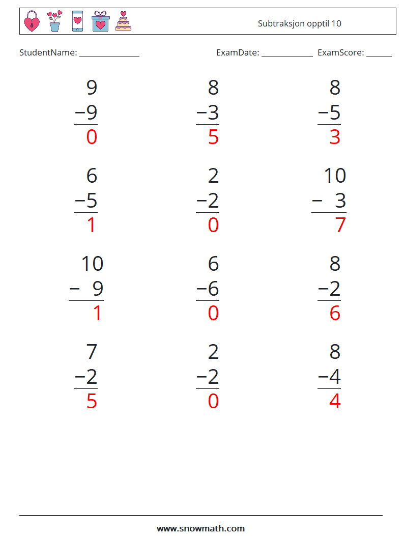 (12) Subtraksjon opptil 10 MathWorksheets 5 QuestionAnswer