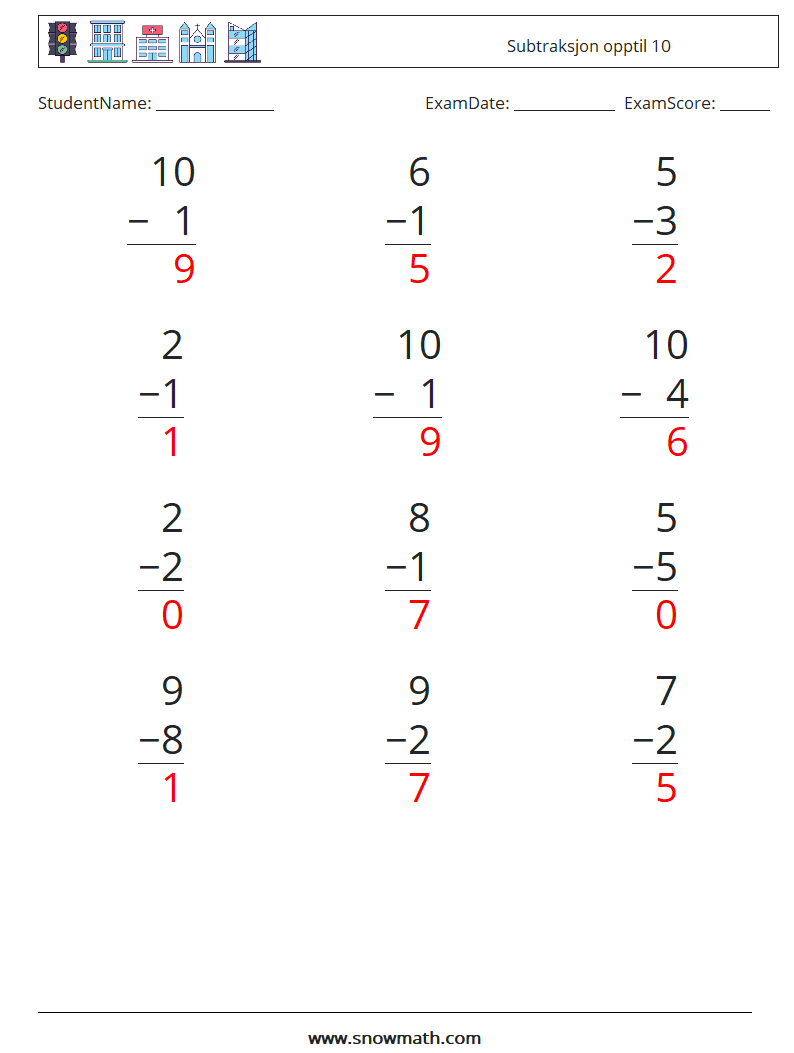 (12) Subtraksjon opptil 10 MathWorksheets 6 QuestionAnswer