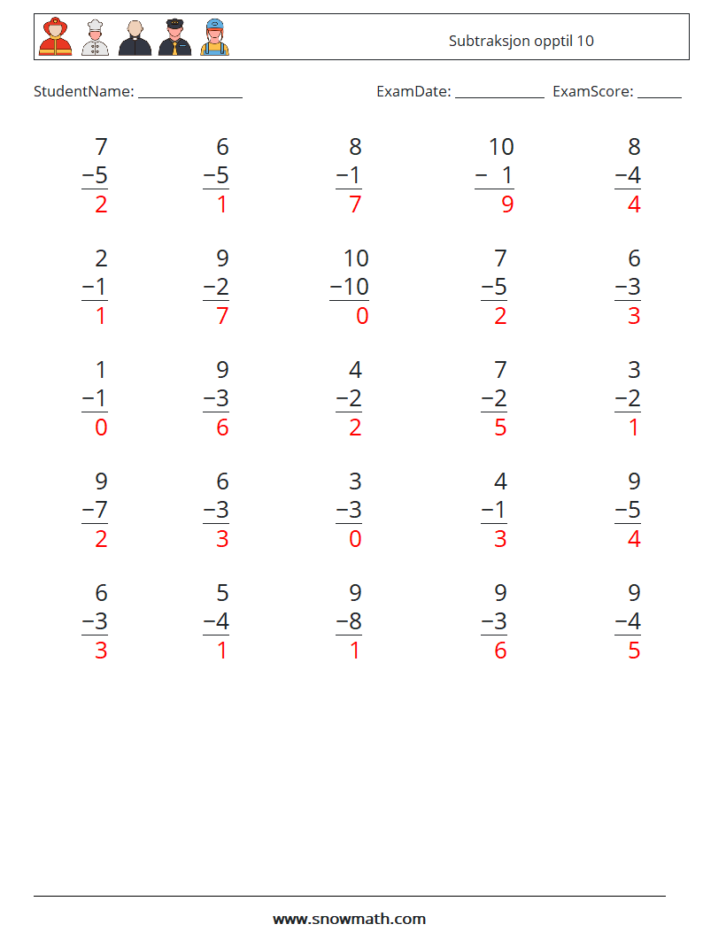 (25) Subtraksjon opptil 10 MathWorksheets 1 QuestionAnswer