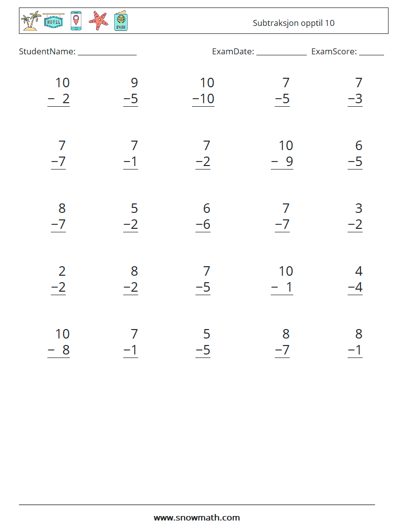 (25) Subtraksjon opptil 10 MathWorksheets 3