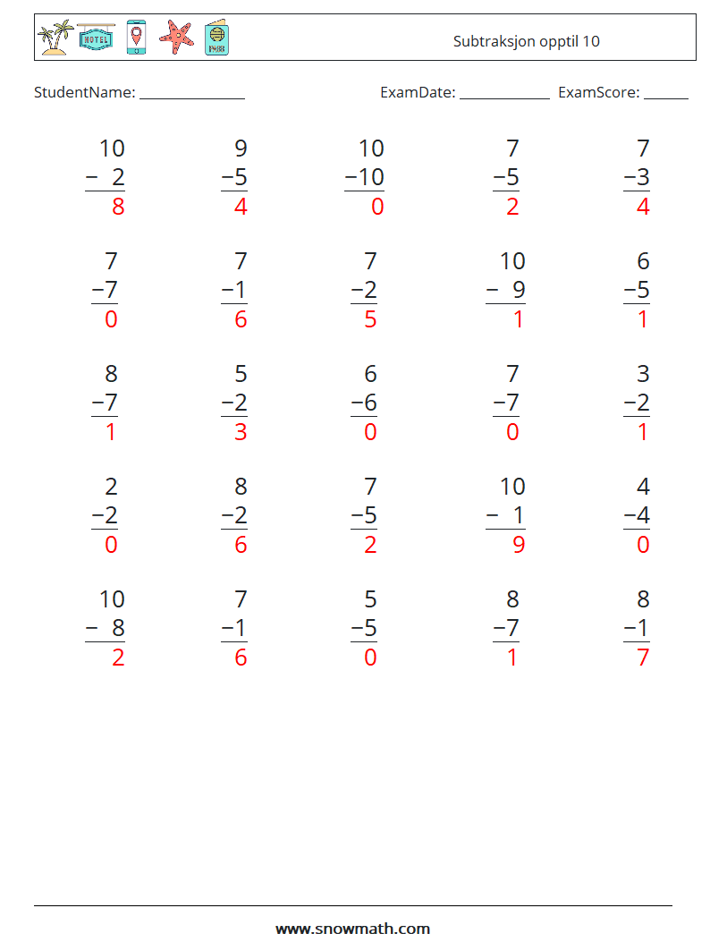 (25) Subtraksjon opptil 10 MathWorksheets 3 QuestionAnswer