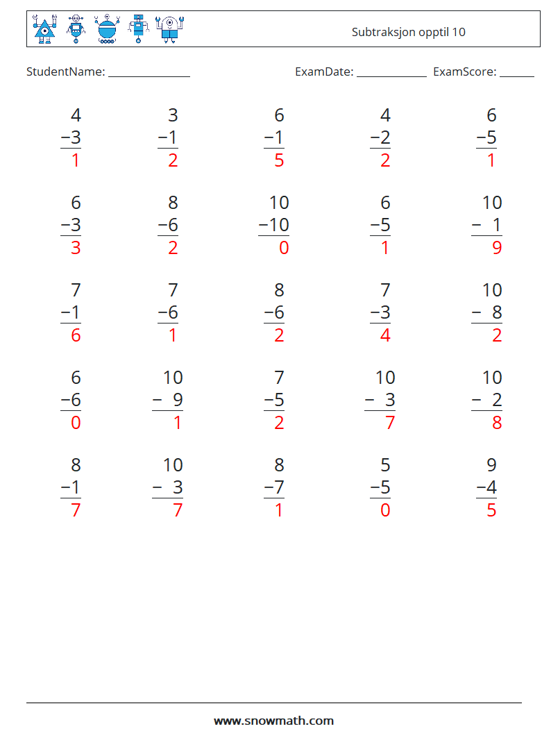 (25) Subtraksjon opptil 10 MathWorksheets 5 QuestionAnswer