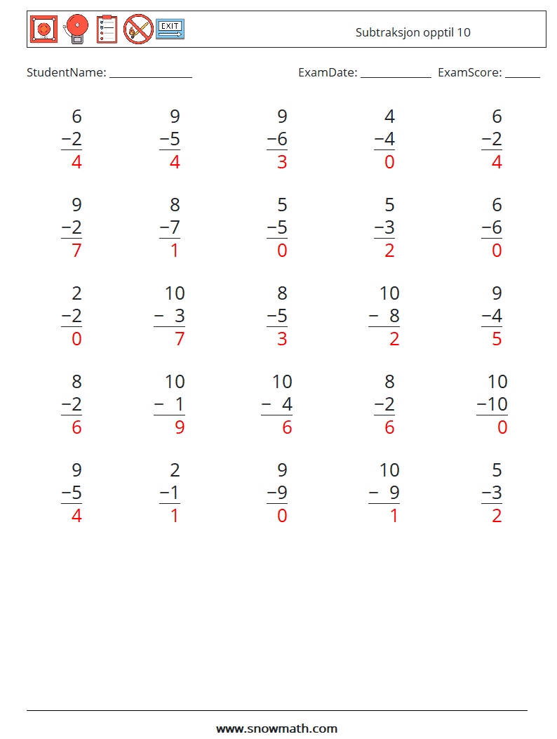 (25) Subtraksjon opptil 10 MathWorksheets 6 QuestionAnswer