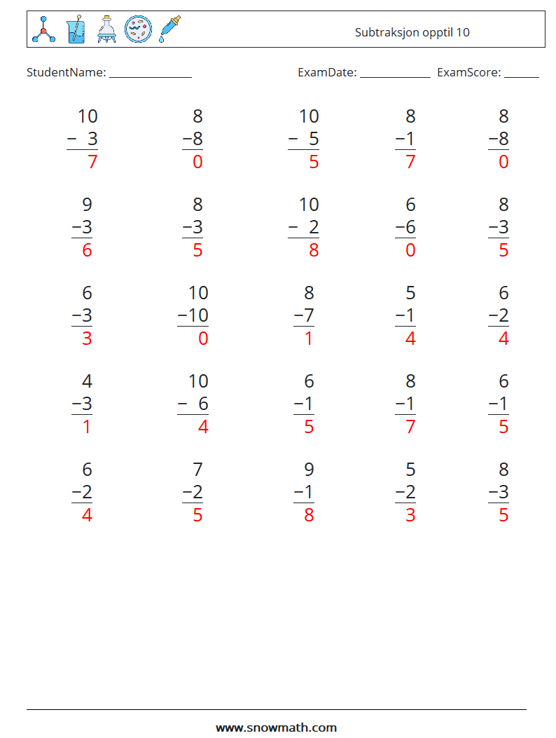 (25) Subtraksjon opptil 10 MathWorksheets 7 QuestionAnswer