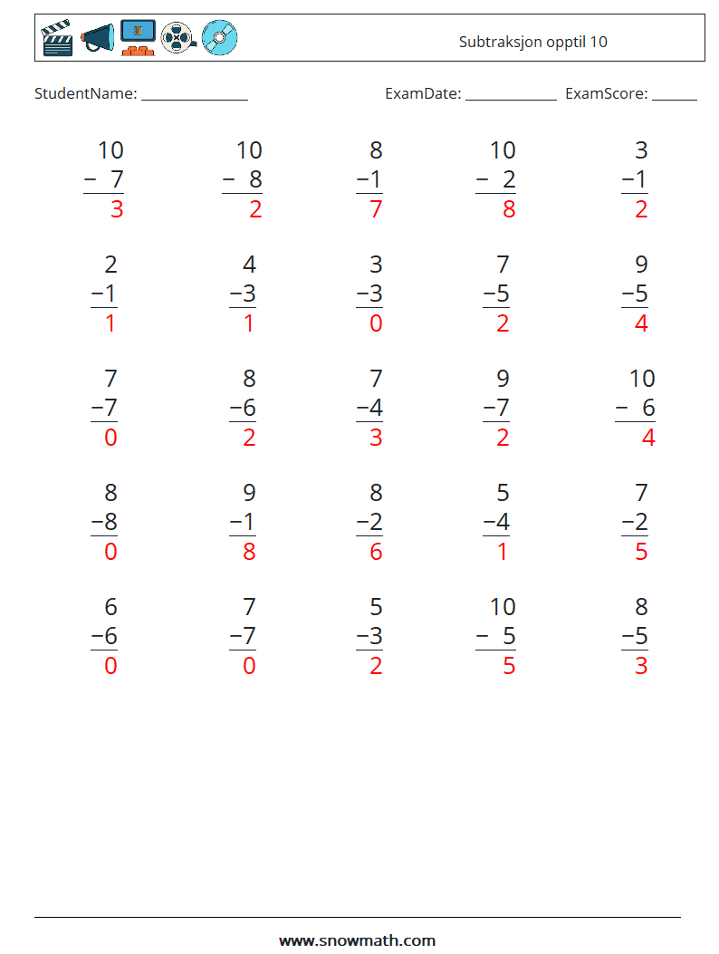 (25) Subtraksjon opptil 10 MathWorksheets 8 QuestionAnswer