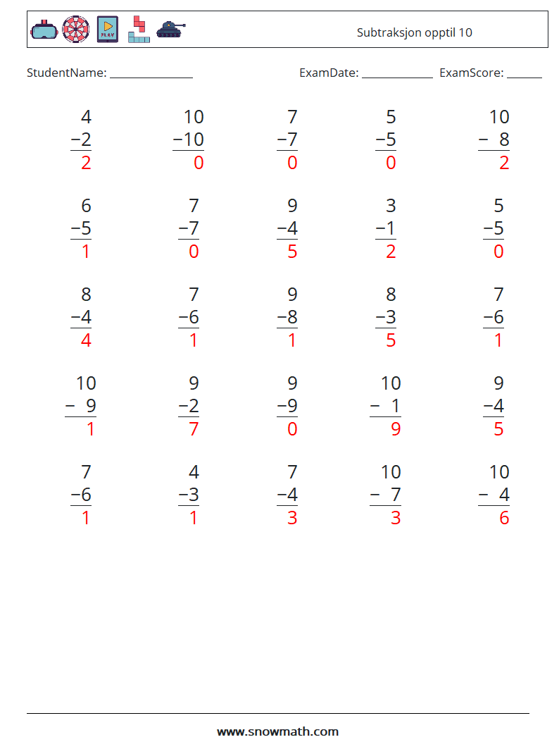 (25) Subtraksjon opptil 10 MathWorksheets 9 QuestionAnswer