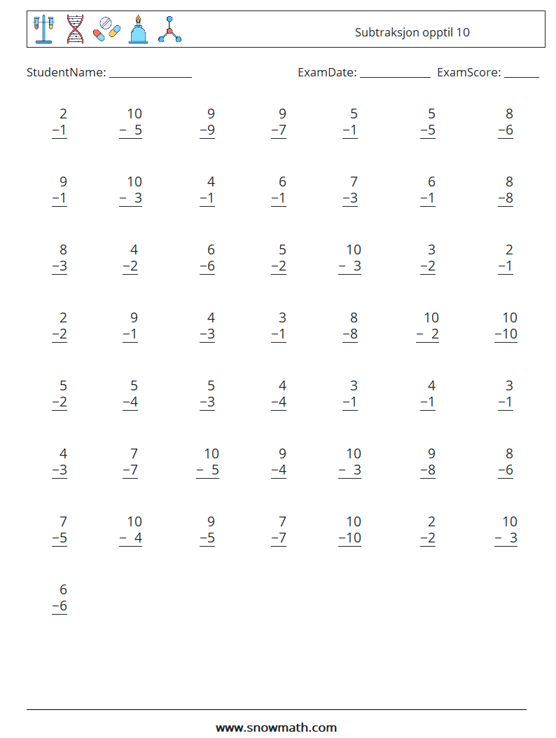 (50) Subtraksjon opptil 10 MathWorksheets 1