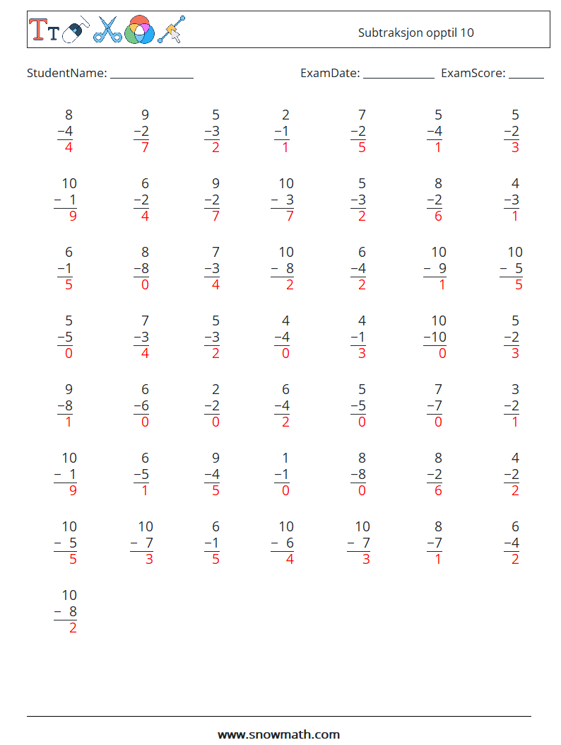 (50) Subtraksjon opptil 10 MathWorksheets 4 QuestionAnswer