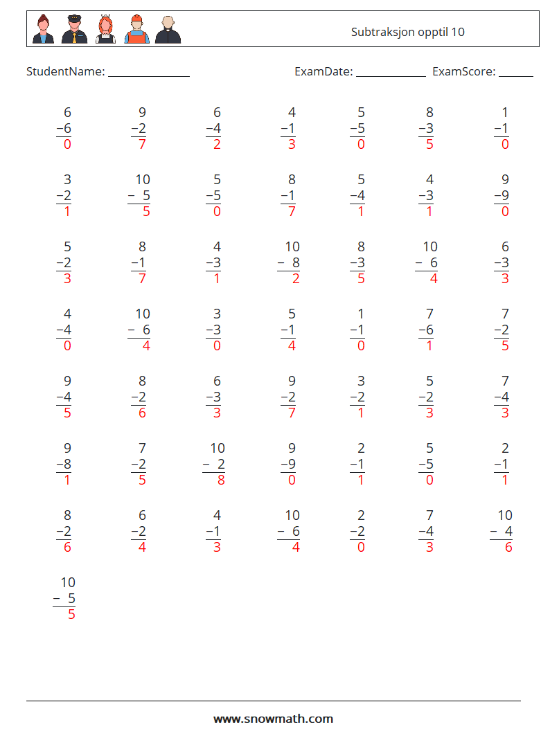 (50) Subtraksjon opptil 10 MathWorksheets 5 QuestionAnswer