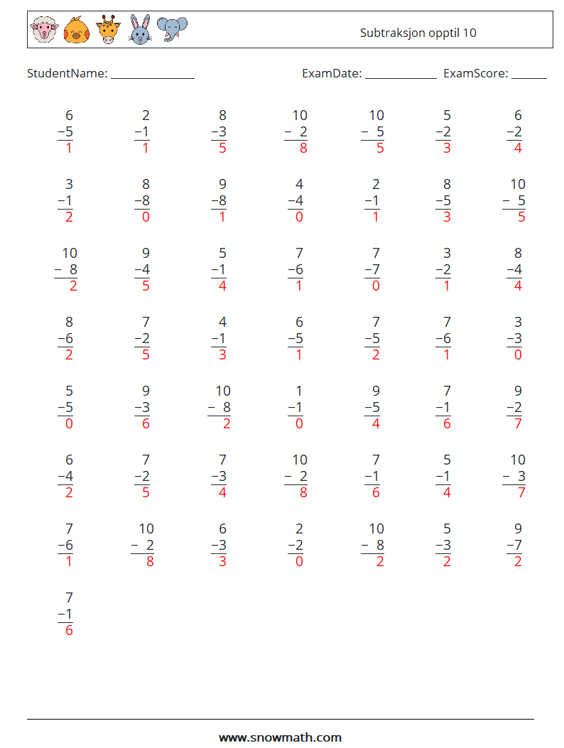 (50) Subtraksjon opptil 10 MathWorksheets 6 QuestionAnswer