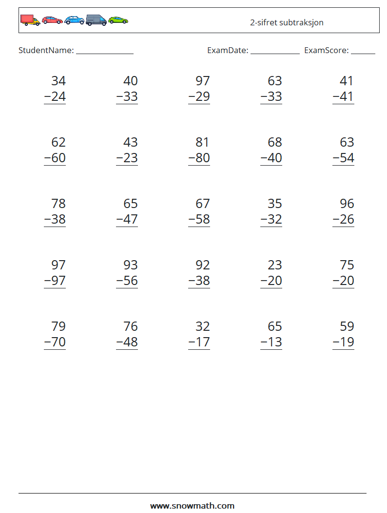 (25) 2-sifret subtraksjon MathWorksheets 1