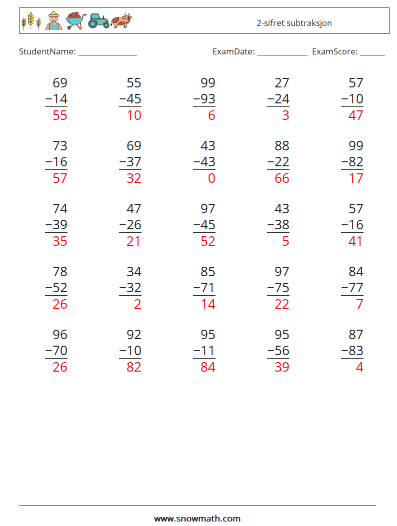 (25) 2-sifret subtraksjon MathWorksheets 15 QuestionAnswer