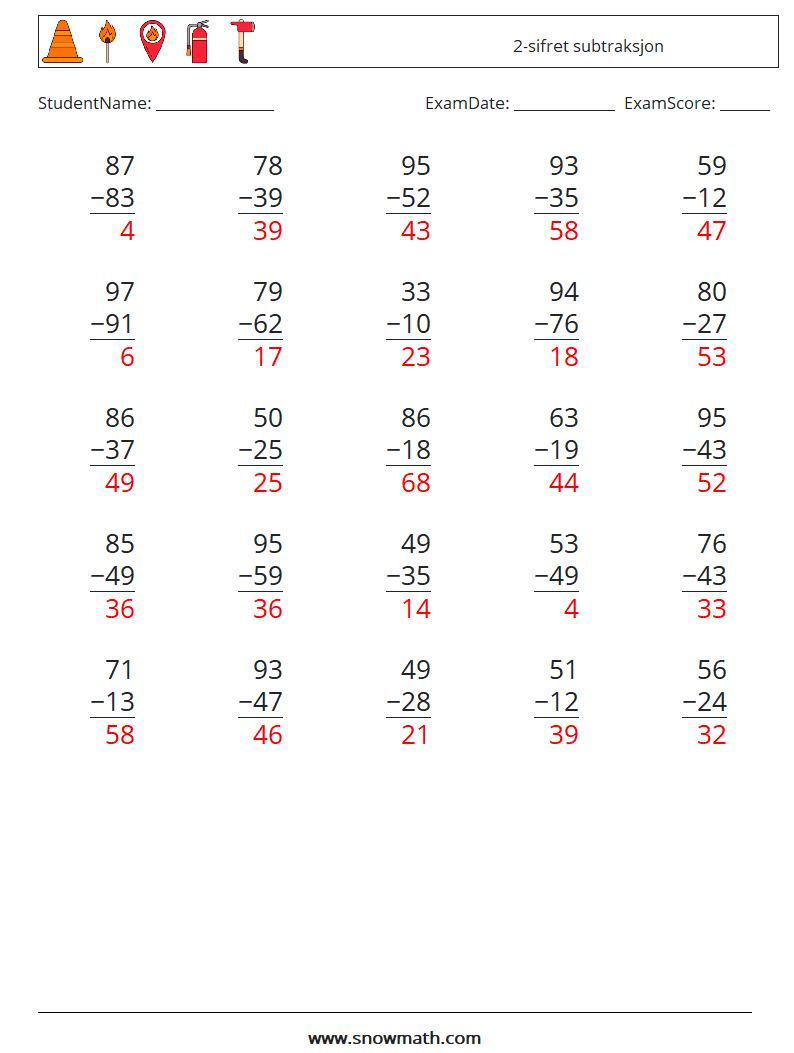 (25) 2-sifret subtraksjon MathWorksheets 18 QuestionAnswer