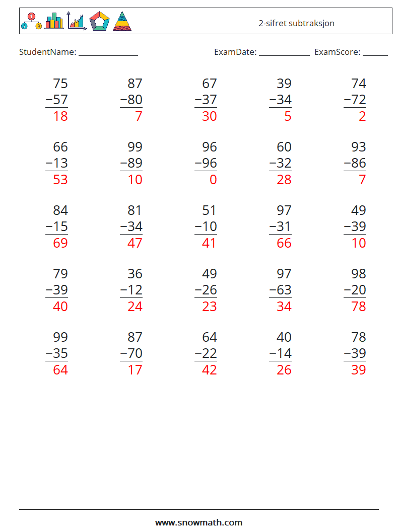 (25) 2-sifret subtraksjon MathWorksheets 3 QuestionAnswer