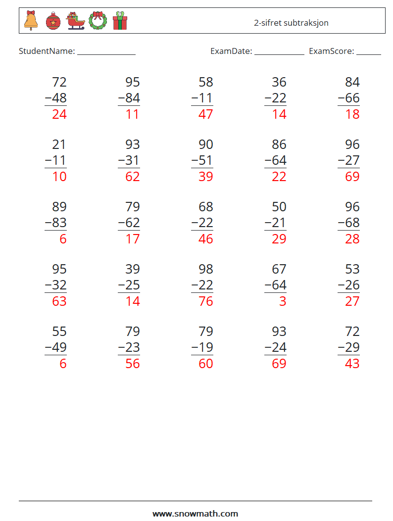 (25) 2-sifret subtraksjon MathWorksheets 5 QuestionAnswer