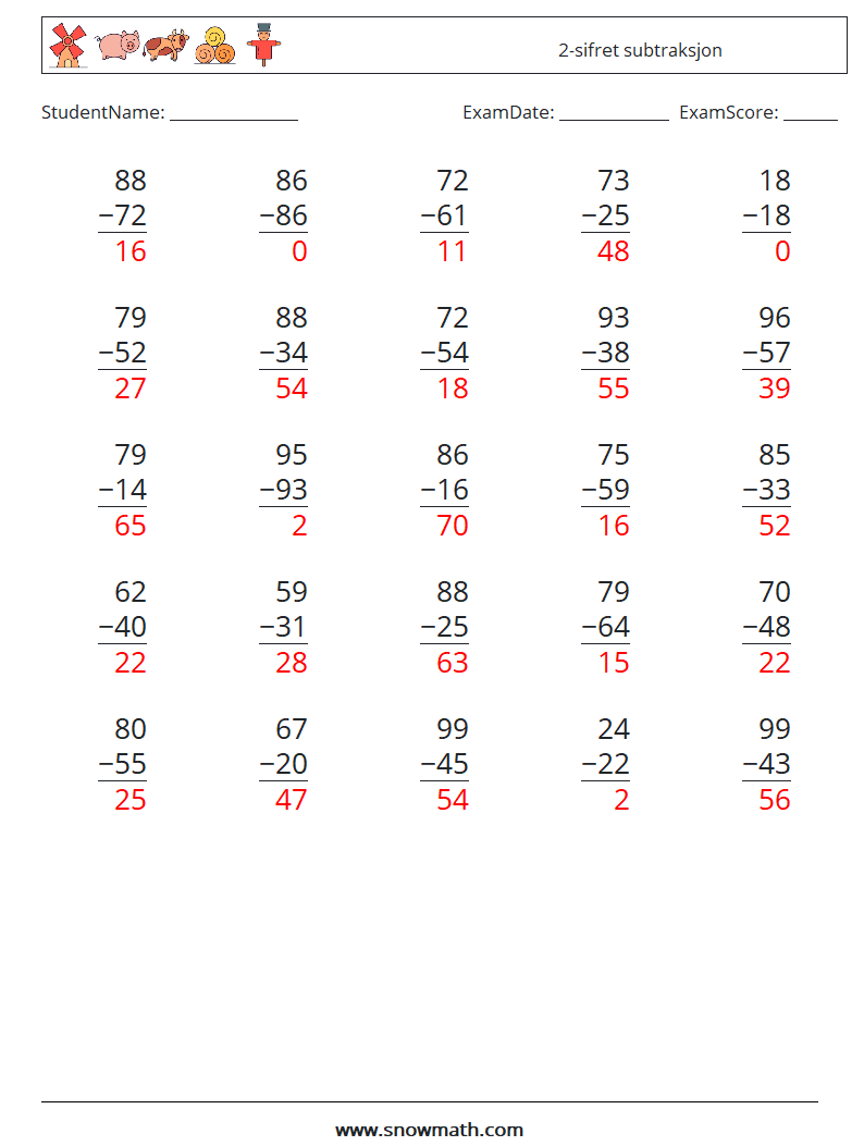 (25) 2-sifret subtraksjon MathWorksheets 6 QuestionAnswer