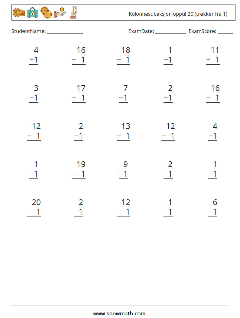 (25) Kolonnesubaksjon opptil 20 (trekker fra 1) MathWorksheets 1