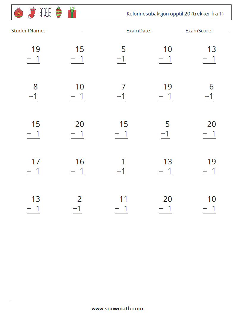 (25) Kolonnesubaksjon opptil 20 (trekker fra 1) MathWorksheets 10