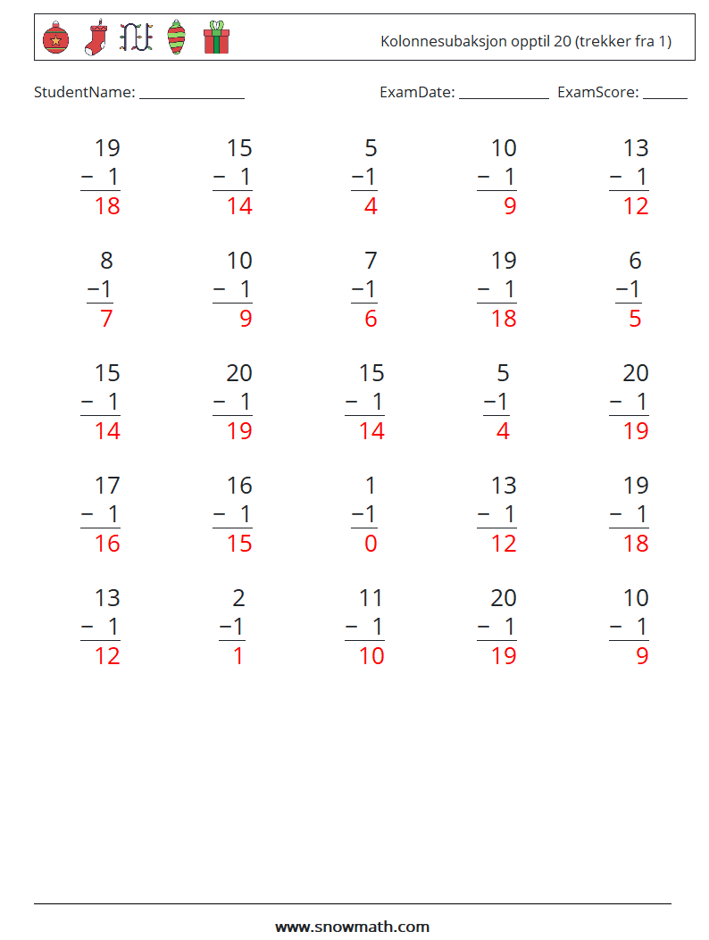 (25) Kolonnesubaksjon opptil 20 (trekker fra 1) MathWorksheets 10 QuestionAnswer