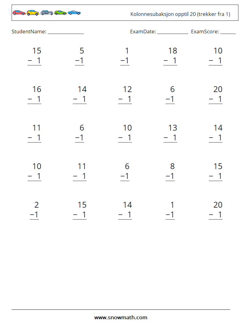 (25) Kolonnesubaksjon opptil 20 (trekker fra 1) MathWorksheets 11