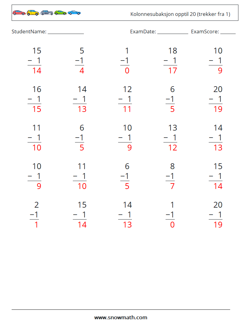 (25) Kolonnesubaksjon opptil 20 (trekker fra 1) MathWorksheets 11 QuestionAnswer