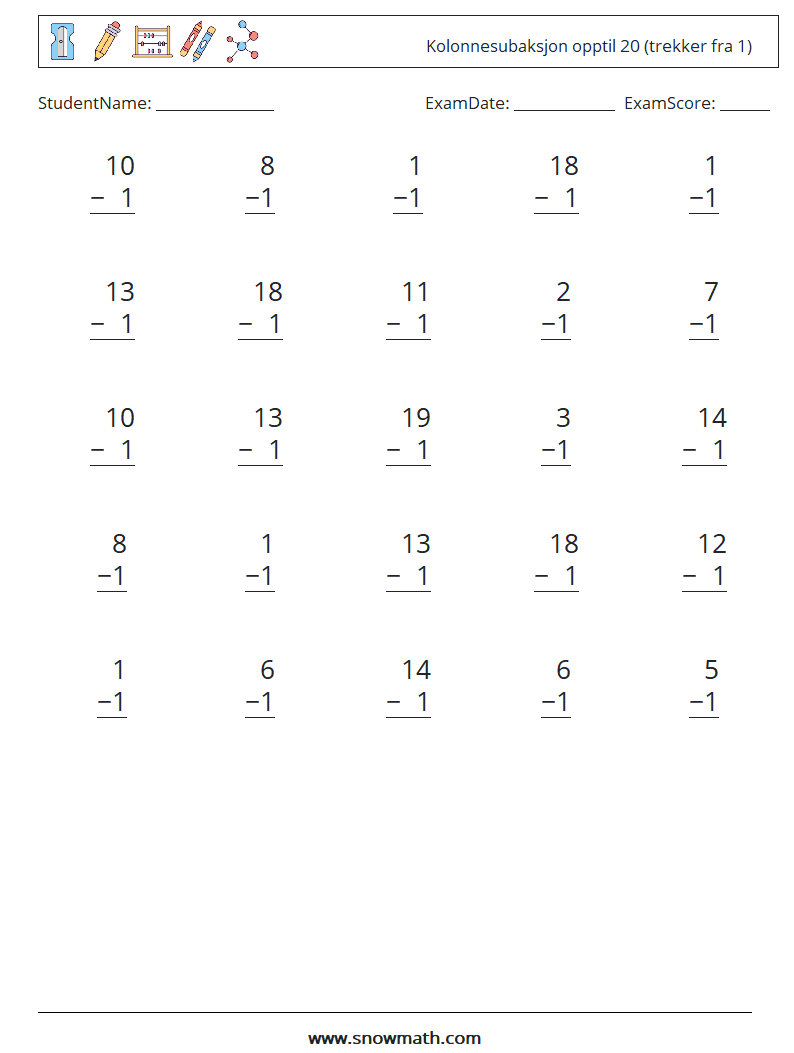 (25) Kolonnesubaksjon opptil 20 (trekker fra 1) MathWorksheets 12