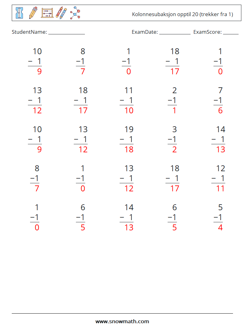 (25) Kolonnesubaksjon opptil 20 (trekker fra 1) MathWorksheets 12 QuestionAnswer