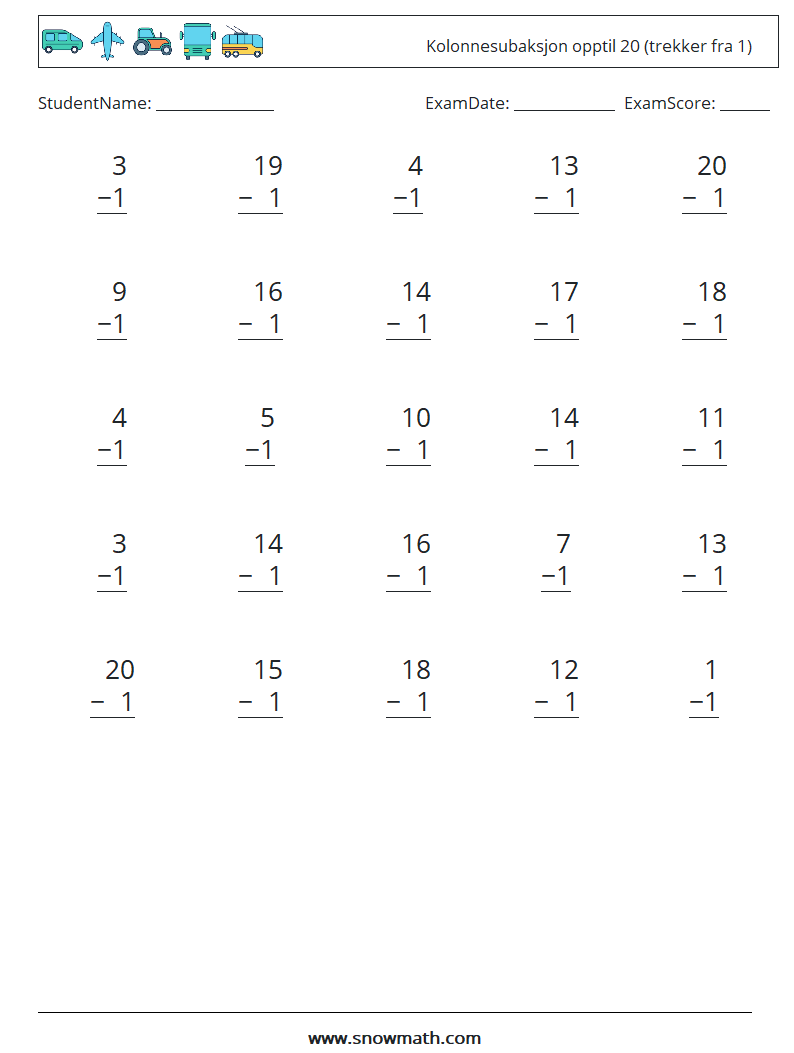 (25) Kolonnesubaksjon opptil 20 (trekker fra 1) MathWorksheets 13